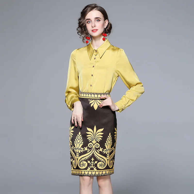 

New Autumn Women Single-Breasted Long Sleeve Yellow Satin Shirt+ Bag Hip Print Skirt Office Lady Work Clothes Suit 2 Pieces Set