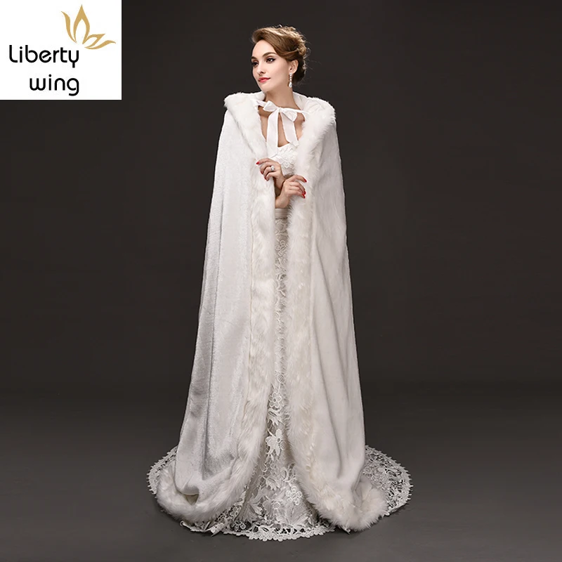 Top Quality Winter Long Capes With Faux Fur Edge Hooded Bridal Wedding Cloak White Bride Poncho Wraps