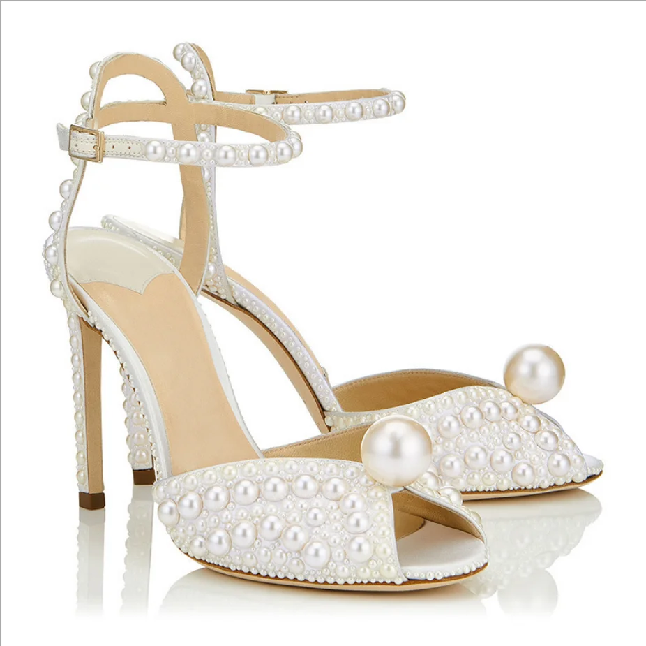 

High Quality Full Pearls Sandals High Heels Party Shoes Woman Summer Peep toe Shoes Ankle Buckle Runaway Sandalias Mujer