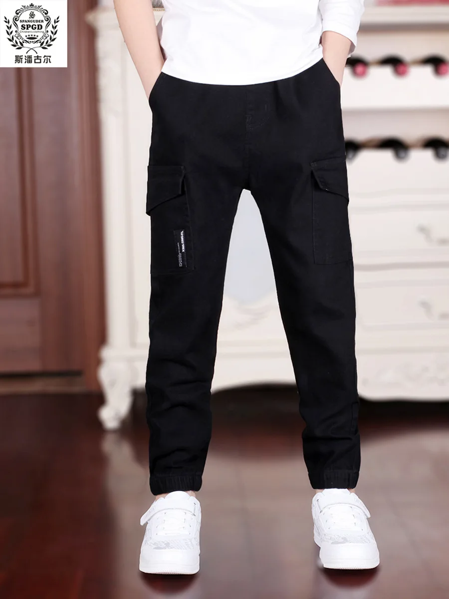 4-18T Boys Casual Cargo Pants 2021 Spring  Autumn New Big Pockets Black White Khaki Trousers For Students High Quality