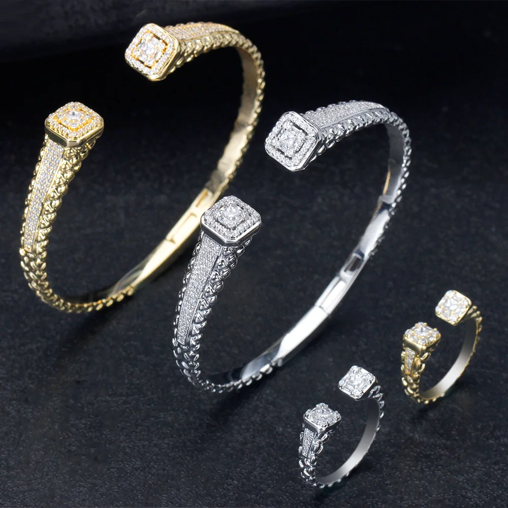 

BrideTalk Luxury Bangle Rings Set For Dubai Women Wedding Full Cubic Zircon Crystal CZ Dubai Bracelet Party Jewelry 2021