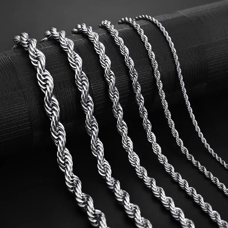 Jiayiqi 2mm-7mm Rope Chain Necklace Stainless Steel Never Fade Waterproof Choker Men Women Jewelry Silver Color Chains Gift