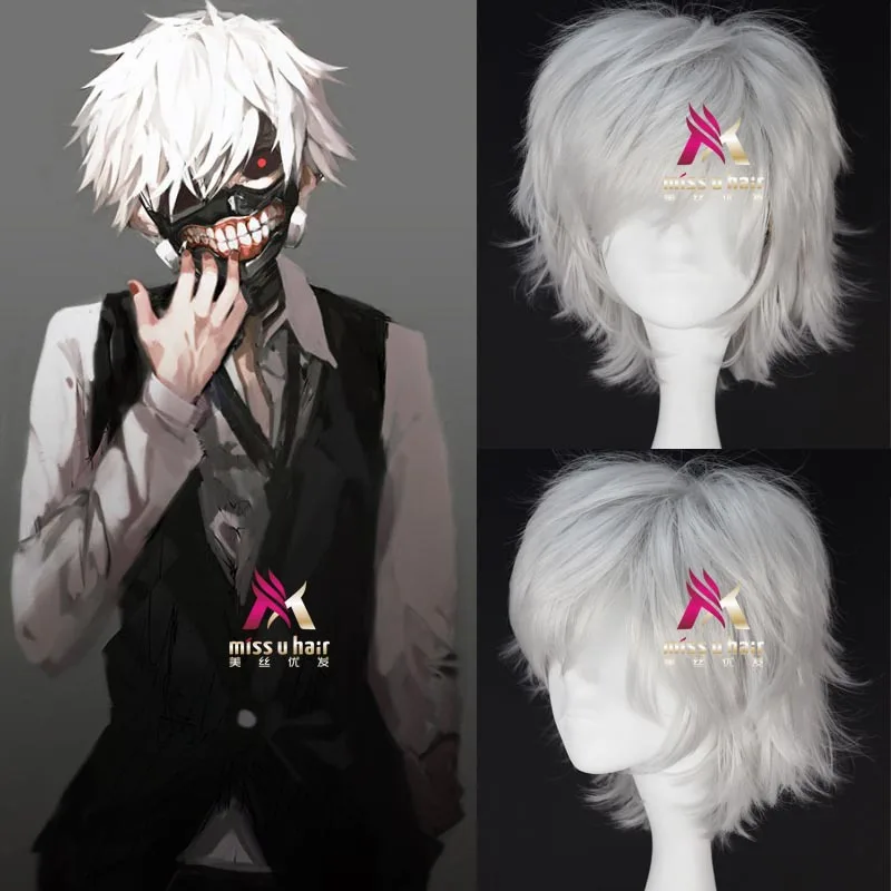 Parrucche Tokyo Ghoul Kaneki Ken Parrucca Breve Rettilineo Grigio Argento Sintetica Dei Capelli di Cosplay Anime Parrucche Fibra di Resistenza Al Calore Parrucca + cap