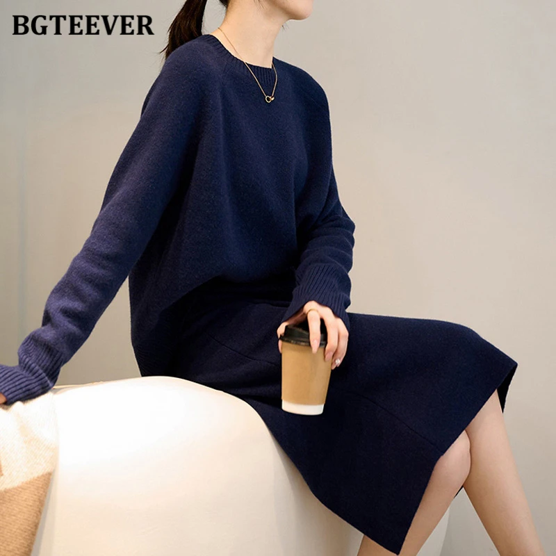 BGTEEVER Elegant Ladies Knitted Skirt Set Long Sleeve Sweaters Tops & Elastic Waist Split Skirts 2021 Winter Women 2 Pieces Set