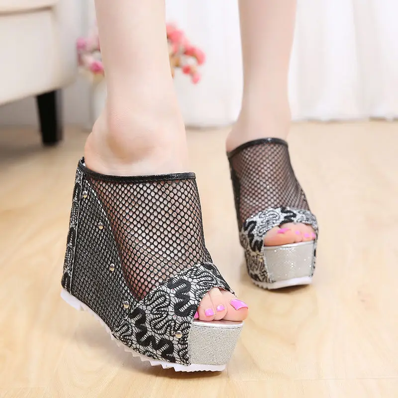 Summer Net yarn High heels 2022 New Women 12CM Wedges Sandals Platform Slippers Lace Increase Peep Toe Shoes Feminina Chaussures