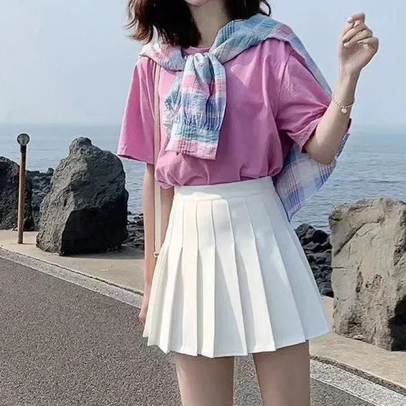 Spring And Summer New Cute Female Fashion College Style High Waist A-Line Thin Sexy Solid Color Pleated Skirt