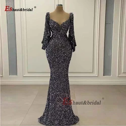 Elegant Dubai Sequin Evening Night Dresses for Women 2023 Mermaid V Neck Flared Sleeves Long Formal Prom Wedding Party Gowns