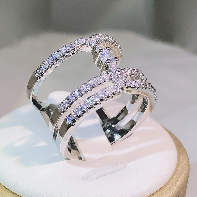 925 Sterling Silver Fashion wielowarstwowe łańcuszki pierścionki z cyrkonią dla kobiet ślubne proste pierścionki z oświadczeniem para obrączki — zdjęcie 4