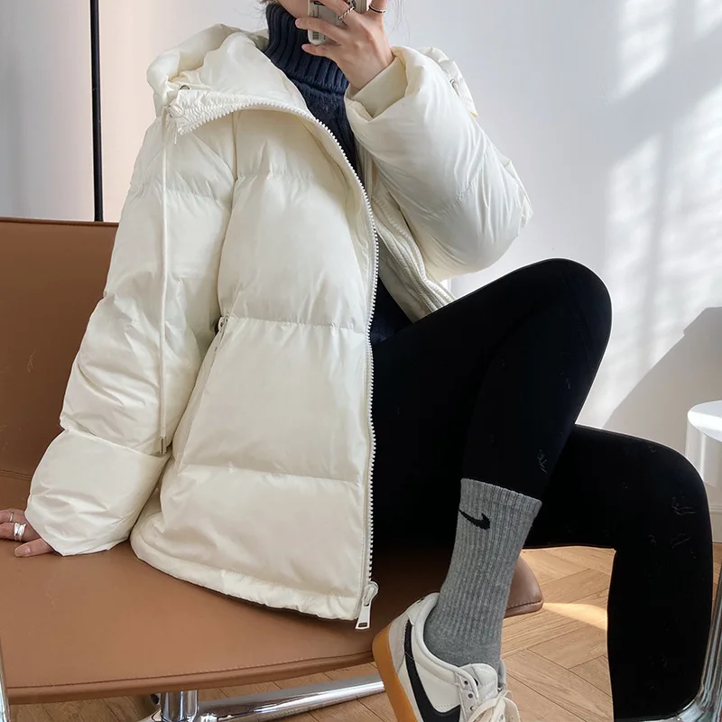 2021 New Women Winter Short Hooded White Duck Down Jacket For Ladies Double Zipper Thicken Warm All Match Casual Bread Coat