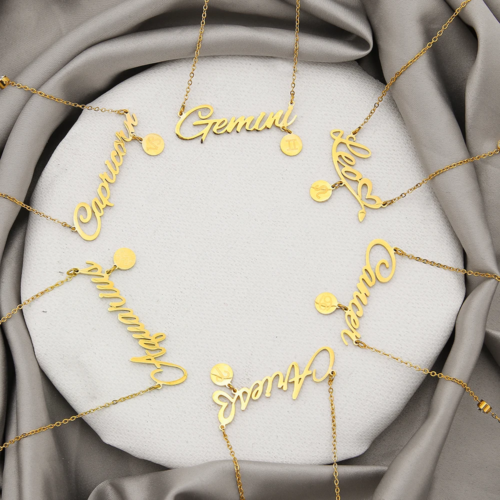 KINFOLK 12 Zodiac Letters Pendant Necklace Old English Scorpio Aries Taurus Gemini Cancer Leo Choker Horoscope Signs Necklace