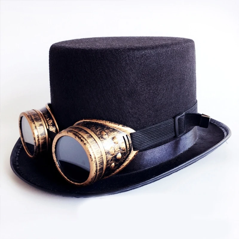 Vintage Black Steampunk Top Hat Gear Glasses Punk Hat Gothic HeadWear Holiday Party Decoration Hat Halloween Accessories