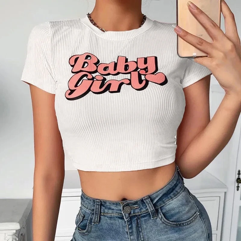 Summer Vintage Knitted Crop Tops Women Biker Punk Letter Print Sexy Tank Top Korean Streetwear Cropped O Neck Top Feminino