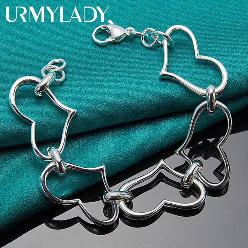 URMYLADY 925 Sterling Silver Big Heart Frame Chain Bracelet For Women Wedding Party Fashion Jewelry