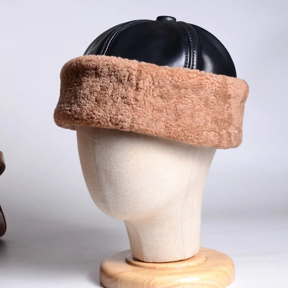 Men\'s Women\'s Real Leather Real Fur Winter Warm Thick lining Skullcap Beanies Beret Round Hat Brimless Caps/Hats
