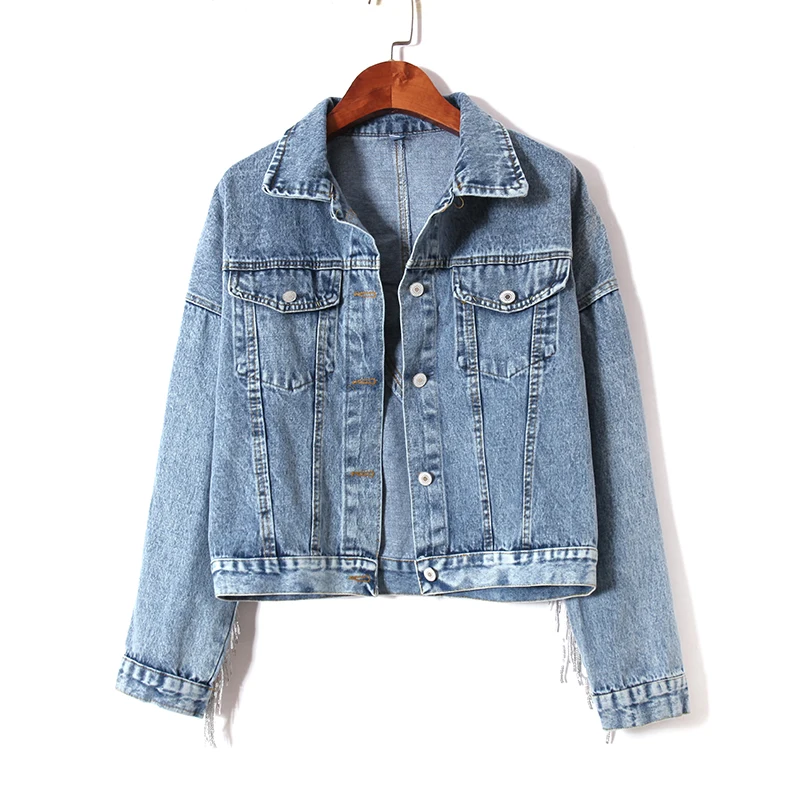 2021 New Autumn Heavy Work Fringed Sequins Retro-washed Denim Jacket Women Short Jeans Jackets Coat Girls Students Woman Clothes