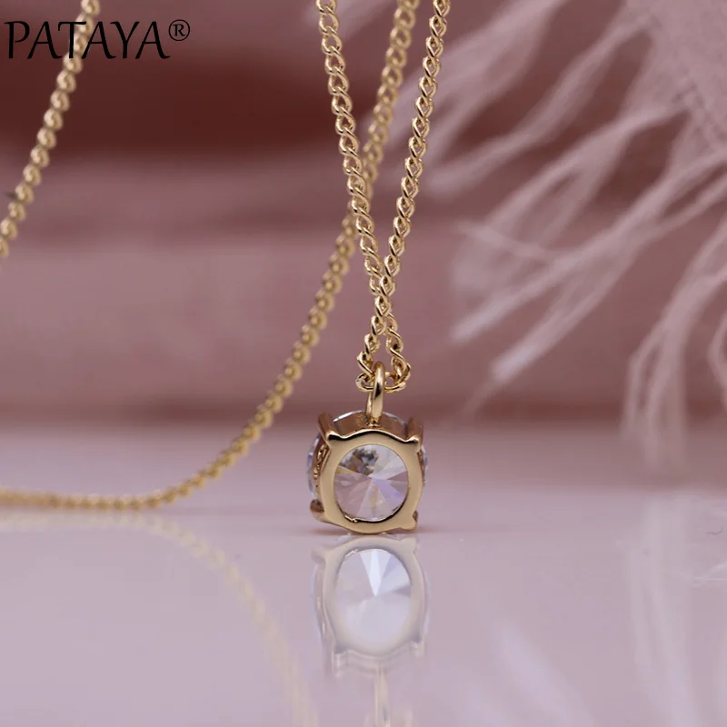 PATAYA New Simple White Round Long Necklaces 585 Rose Gold Color Pendants Women Natural Zircon Cute Engagement Fashion Jewelry