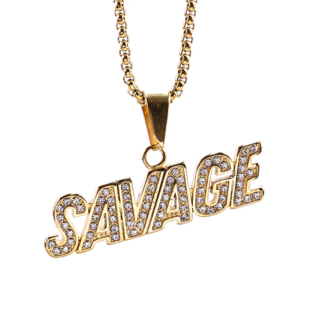 Hip hop Punk Savage Letter Necklace & Pendant Shiny Ice Out Link Chain Necklace With Tennis Chain Choker Hip Hop Jewelry for Men