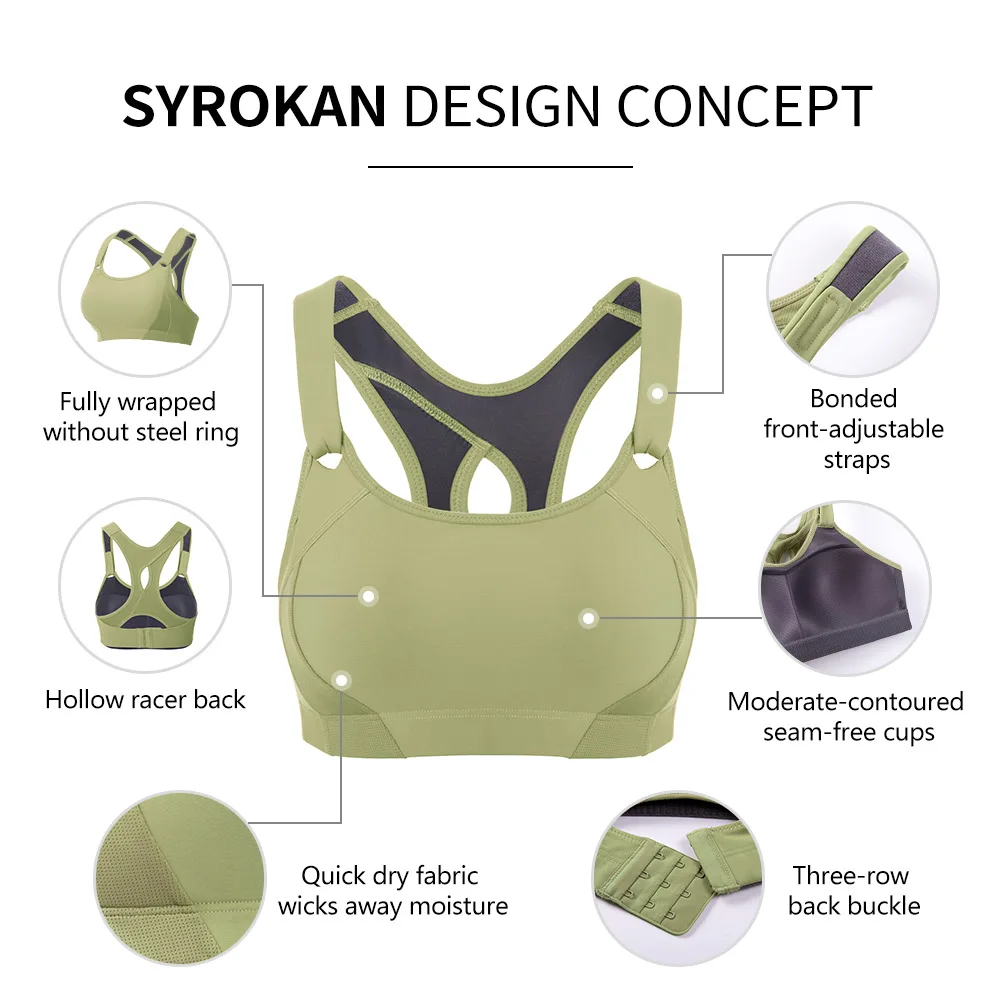 SYROKAN Women Sports Bra High Impact Wire Free Full Coverage Lightly Padded Grey Summer Workout Gym Underwear Sportwear Top