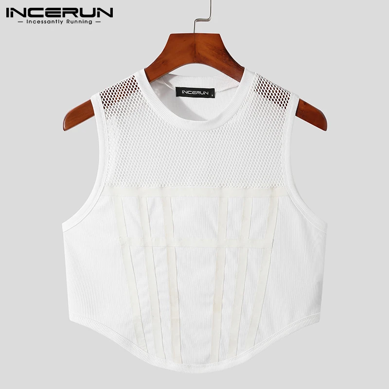 2023 Men Tank Tops Mesh Patchwork Round Neck Streetwear Sleeveless See Through Vests Sexy Party Nightclub Men Crop Tops INCERUN