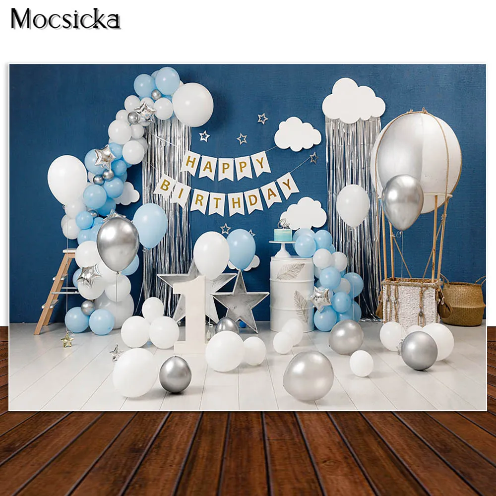 Mocsicka Anak 1st Birthday Fotografi Latar Belakang Balon Bintang Dekorasi Biru Kue Smash Photo Booth Latar Belakang untuk Foto Studio