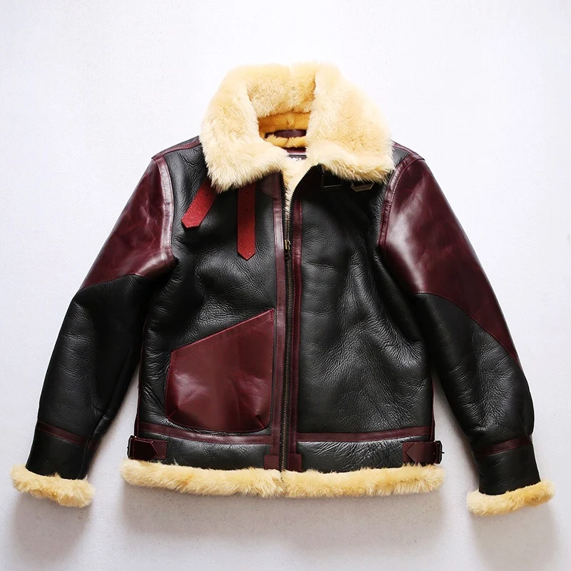 BDB3 European US Size High Quality Super Warm Genuine Sheep Leather Coat Mens Big B3 Shearling Bomber Military Fur Jacket