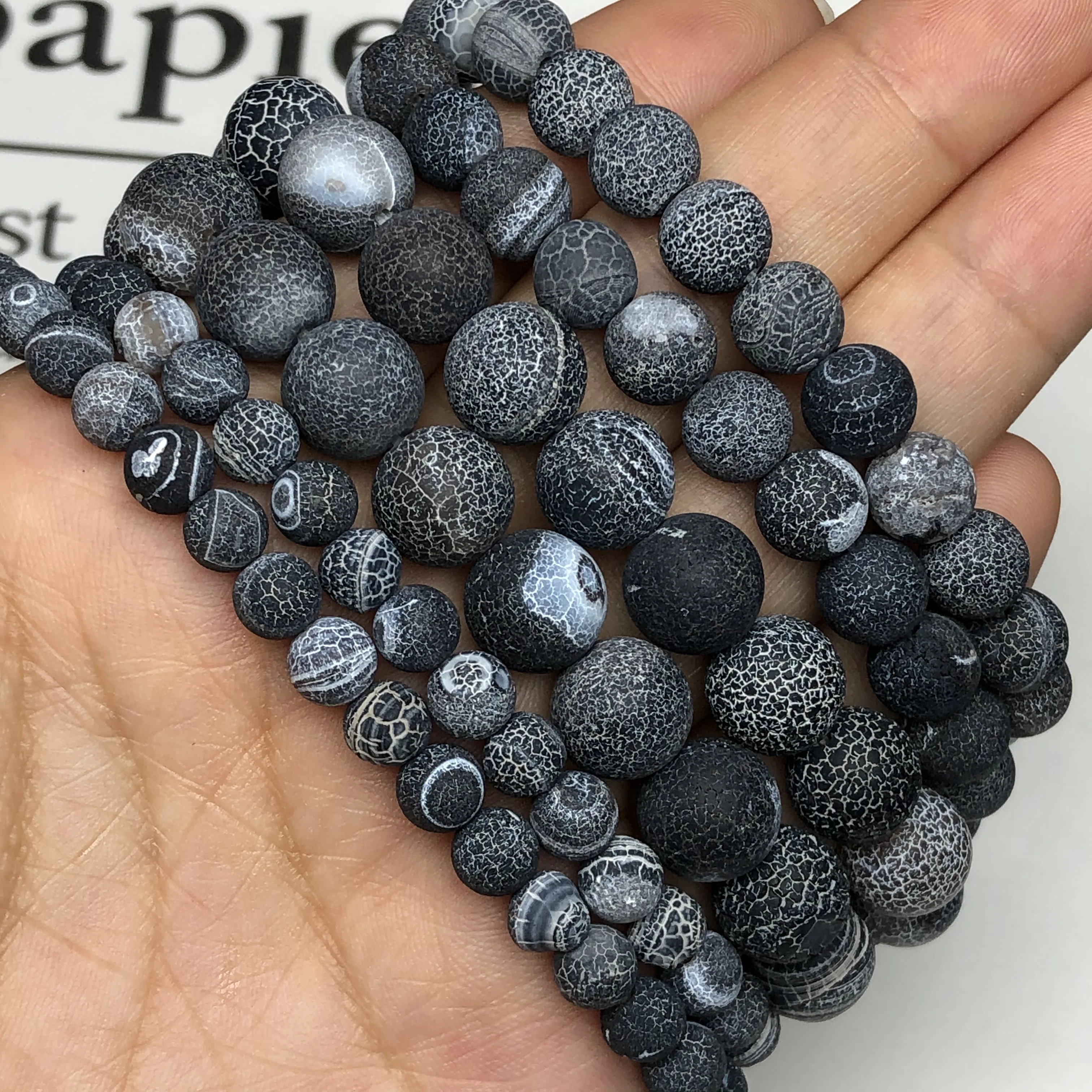 Natural Frost Matte Black Cracked Dragon Veins Dream Fire Agates Stone Loose Spacer Web Beads For Jewelry Making DIY Bracelets