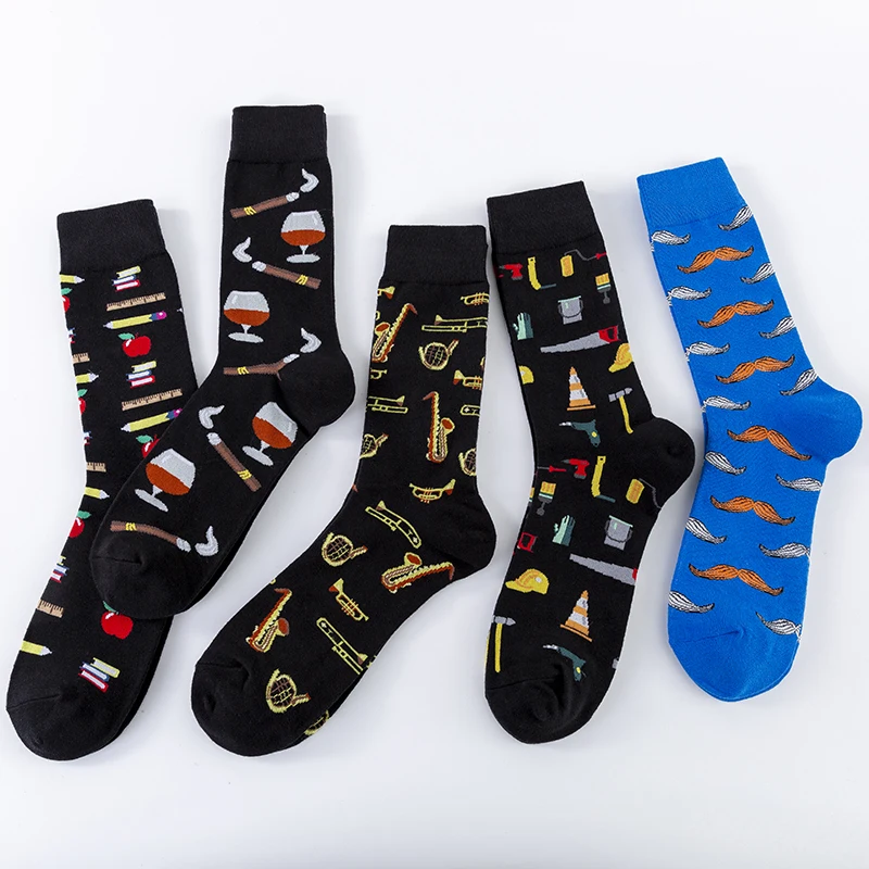 MODA MULAYA Happy Socks Men/Women Art Cigar Apple Toolkit Books Beautiful Wine Beard Sportsman 2020 New Funny Socks Dark Style