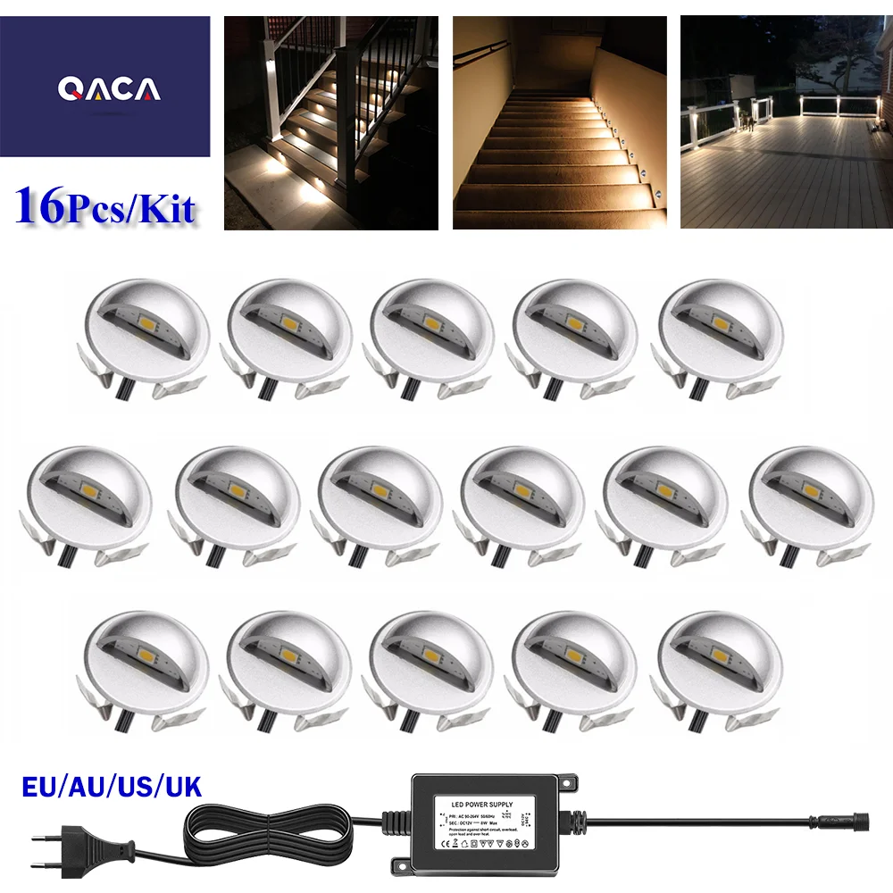 QACA 16 Pack Low Voltage LED Deck Lights kit with Transformer DC12V Step Spot Led Waterproof Patio Stairs Recessed Deck Lighting