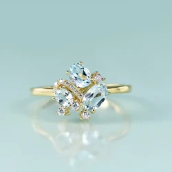 GEM'S BEAUTY 925 Sterling Silver 14K Gold Filling Rings Natural Oval Cut Unique Three-Stone Trellis Sky Blue Topaz Handmade Ring