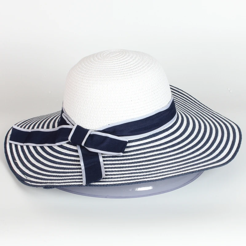 Women Summer Beach Straw Hats Female Black And White Striped Hat wide Brim Travel screen Cap With Bowknot