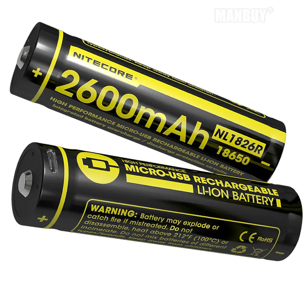 NITECORE NL1826R  2600mAh High Performance Micro-USB Rechargeable Li-ion Battery 9.36Wh 3.6V Button Top 18650 Protected