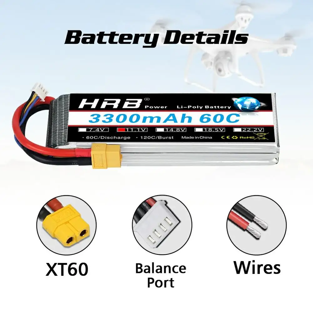 HRB Lipo Battery 3S 4S 6S 3300mAh 7.4V 11.1V 14.8V 18.5V 22.2V  60C 120C with EC5 XT60 connector For FPV Quadcopter Helicopter