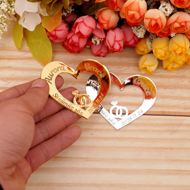 

30 Pieces Personalized Mirror Heart Hollow Out Design 6cm Custom Name Wedding Ring Decor Favors Tags Cards Acrylic Guest Gifts