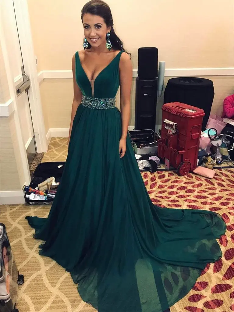 

Pretty Emerald Green Prom V-neck Straps A-line Evening Dress Crystals Sash Lace Up Party Abendkleider Plus Size