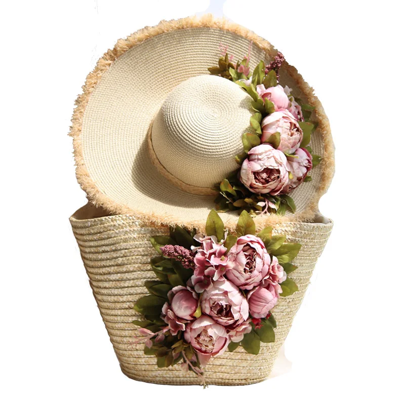 Customize Hand Made Summer Women Flower Straw Beach Bag Beach Hat Suit Pink Peony Rattan Casual Tote Fashion Holiday Handbag