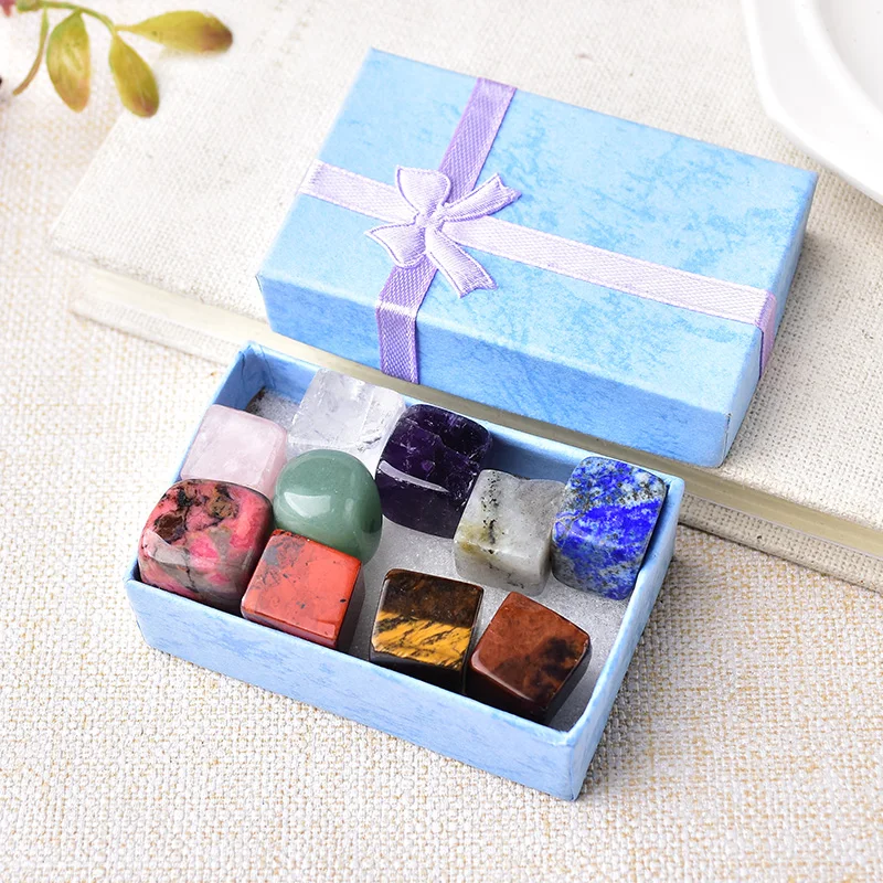 10PCS/Set Natural Stone Crystal Gemstone Chakras Healing Stone Quartz Mineral Ornaments Home Decoration Gifts Box for Children