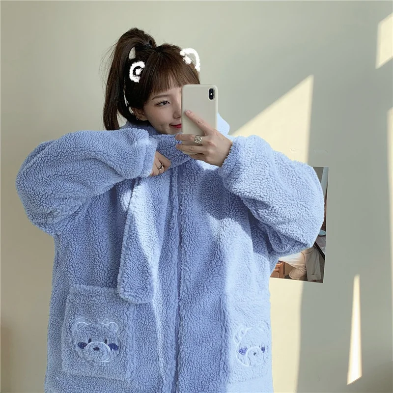 KOSAHIKI Japanese Students Kawaii Fluffy Jackets Women Autumn Winter Loose Hooded Faux Fur Coat Bear Embroidery Sweet Jacket