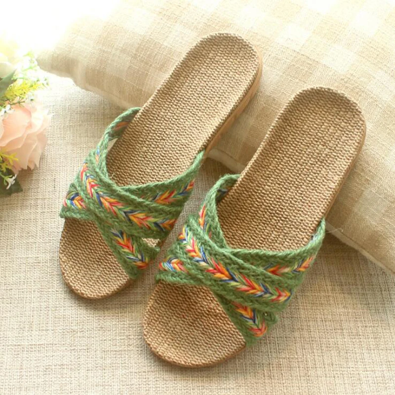 البوهيمي ريترو ستايل الكتان الشرائح الصيف بارد شبشب منزل النساء الصنادل المنزلية