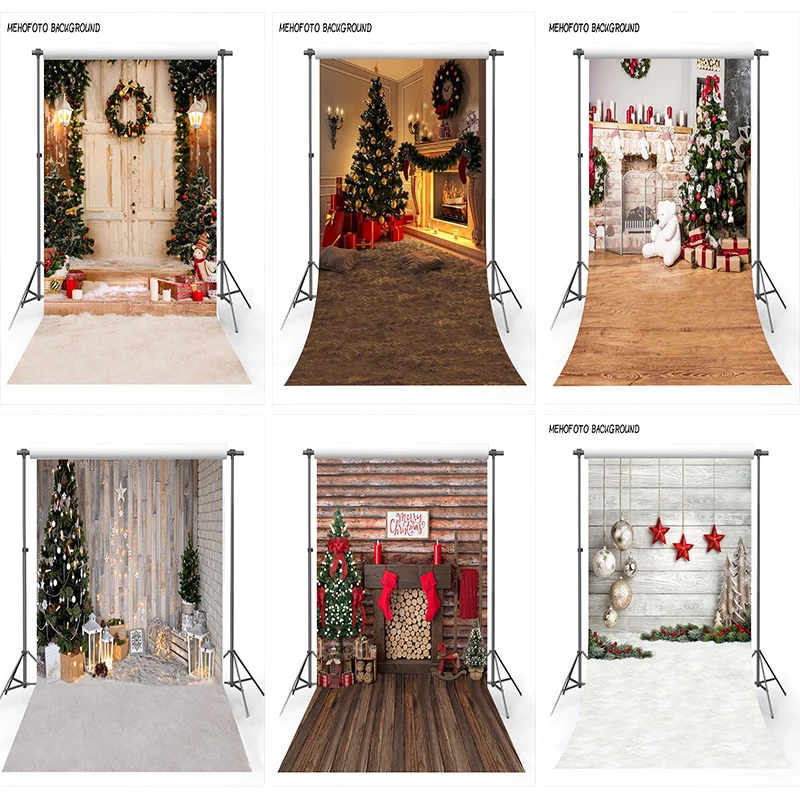 Christmas Background for Photo Studio Winter Snow Christmas Tree Fireplace Wreath Wood Floor Photocall Backdrop Photo Studio