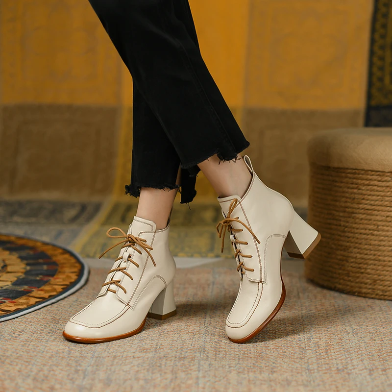 2022 Spring New Hot Sale Genuine Leather Footwear Women Boots Lace Up High Heels Casual Shoes Women Ankle Boots Platform Boots