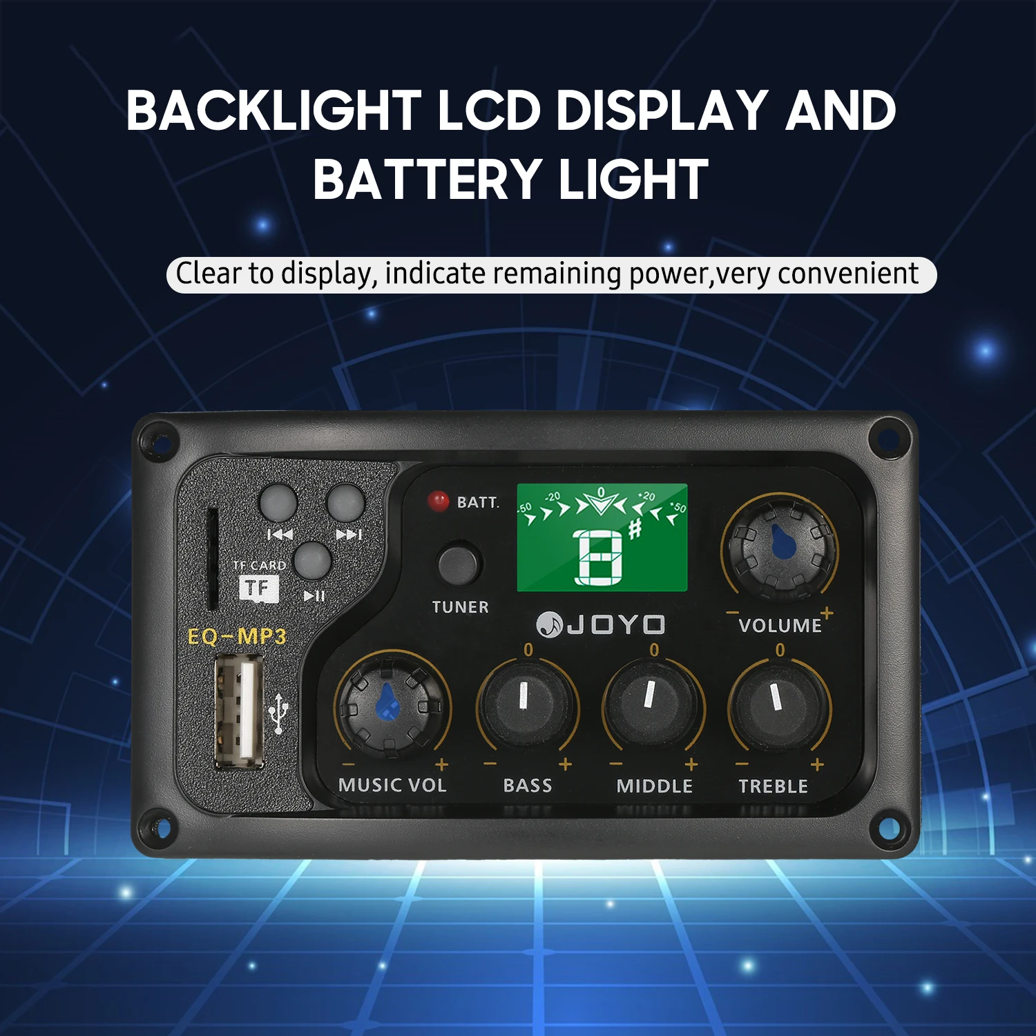 JOYO EQ-MP3 3-Band EQ Equalizer System Acoustic Guitar Preamp EQ Equalizer Piezo Pickup LCD Tuner Amplifier