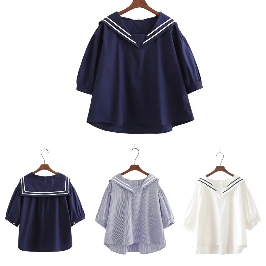 

Harajuku Lolita Chic Stripes Navy Big Sailor Collar Preppy School Girl Half Sleeve Baggy Body Doll Summer T-Shirt TShirt Costume