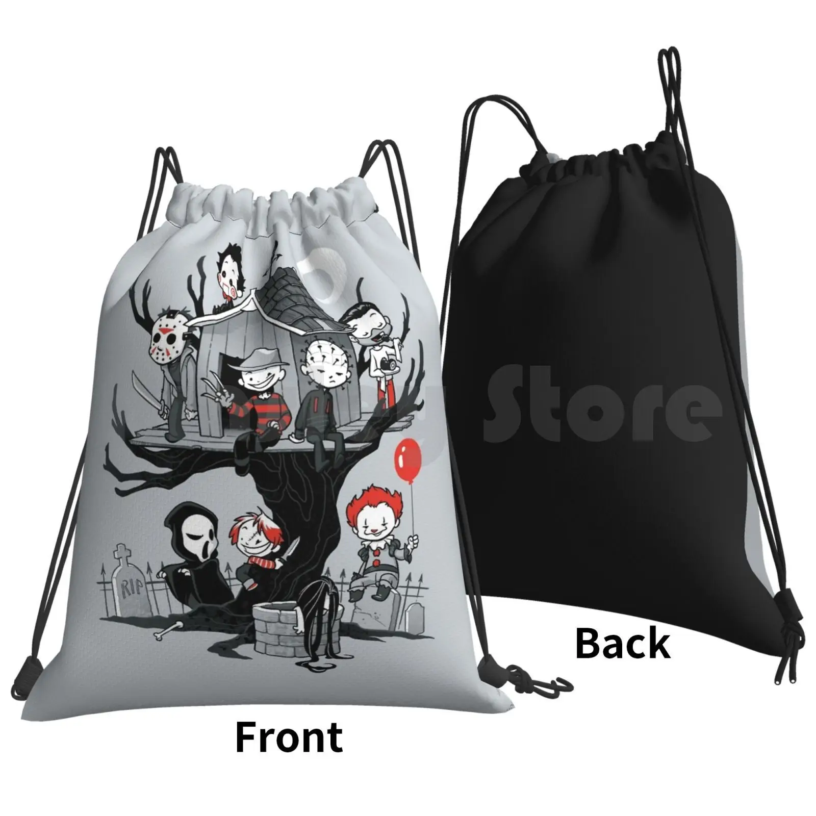 Horror House Backpack Drawstring Bags Gym Bag Waterproof Horror Pinhead Red Balloon Scary Clown Cute Tree Dark Humour