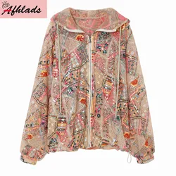 Summer Women's Loose Casual Sequin Embroidery Hooded Coats Lace Straight Long Sleeve High Quality Cardigan Jacket Outerwear