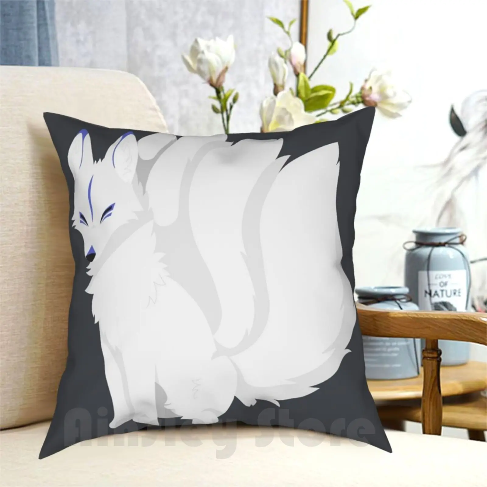 Simplistic Kitsune-White With Blue Pillow Case Printed Home Soft Throw Pillow Kitsune Fox Foxes Cute Japan Japanese