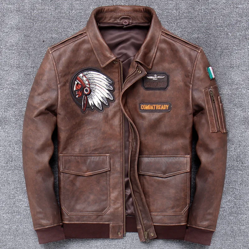 

DHL Free Shipping Brand Indian Embroidery Genuine Leather Jacket Men's Vintage Brown Plus Size Natural Sheepskin Autumn Coat