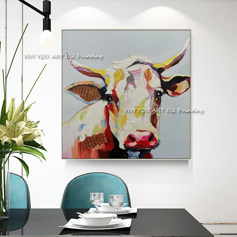 The 100% Handpainted Cow Bull Canvas Painting Modern Best Large Simple Artwork Pictures Thick Oil Wall Unframed Art Decor Animal