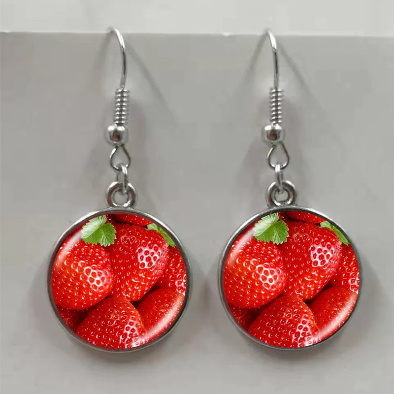 New fashion lemon slice earrings cherry earrings red earrings fruit jewelry glass convex round earrings handmade