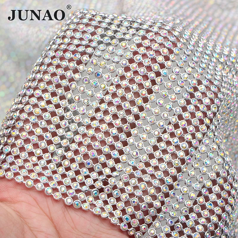 

JUNAO 45*120 см блестящая серебряная AB стеклянная ткань со стразами, алюминиевая сетка, металлическая отделка, хрустальная лента для одежды, платья