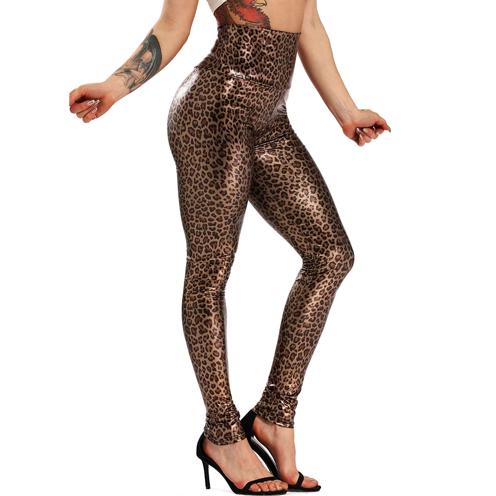 Gótico mujeres de cintura alta Leggings brillante pantalones de piel de imitación mallas bronce Leggings cintura alta serpiente brillante de